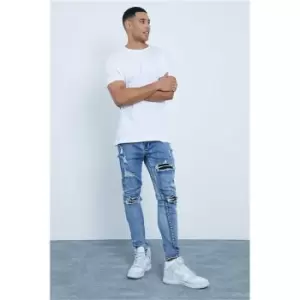 Image of I Saw It First Distressed Patch Skinny Biker Jeans - Blue