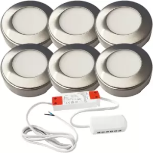 Image of 6x BRUSHED NICKEL Round Surface or Flush Under Cabinet Kitchen Light & Driver Kit - Natural White LED