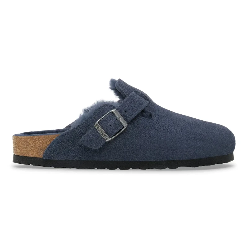 Image of Birkenstock Sandals Birkenstock Boston BS Suede Leather/ Fur New Navy (Etroit) Bleu Unisex 37 Etroit