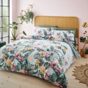 Image of Catherine Lansfield Tropical Floral Duvet Cover and Pillowcase Set Blue