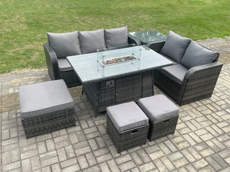 Image of Fimous Garden Patio Furniture Wicker Rattan Gas Fire Pit Table and Sofa Chair set with Side Table 3 Footstools Dark Grey Mixed Dark Grey