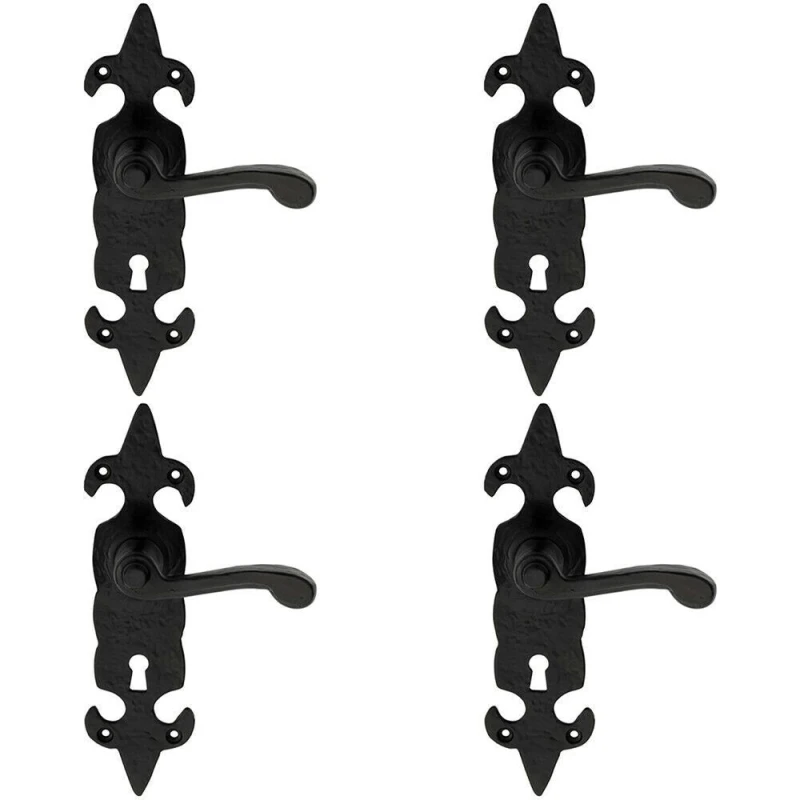 Image of Loops 4x PAIR Forged Scroll Lever Handle on Lock Backplate 206 x 57mm Black Antique Black