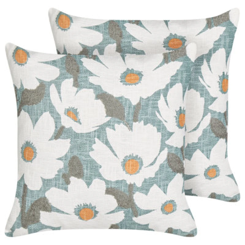Image of Beliani Set Of 2 Decorative Cushions Jatropha Cotton 45 X 45cm Light Blue Floral Pattern