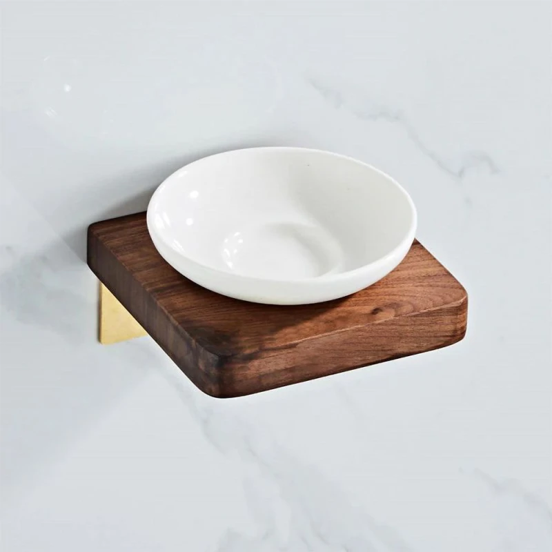 Image of Nes Home Abloh Luxury Ceramic Soap dish with Shelf Wooden Walnut & Brushed Gold White