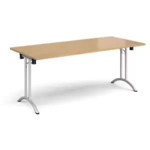 Image of Rectangular folding leg table with silver legs and curved foot rails 1800mm x 800mm - oak