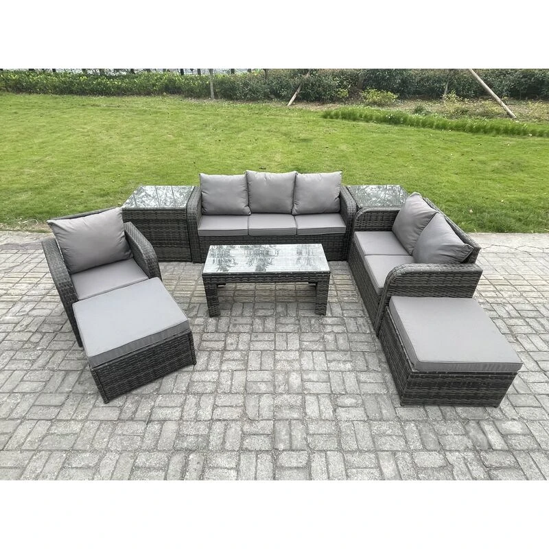 Image of Fimous 8 Seater High Back Rattan Garden Furniture Set with Reclining Chair Rectangular Coffee Table 2 Side Tables 2 Big Footstool Indoor Outdoor Sofa
