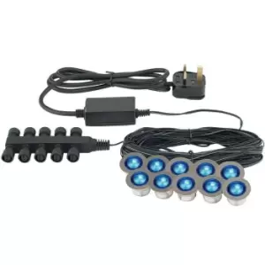 Image of IP67 Decking Plinth Light Kit 10x 0.45W Blue Round Garden Lamps Outdoor Rated
