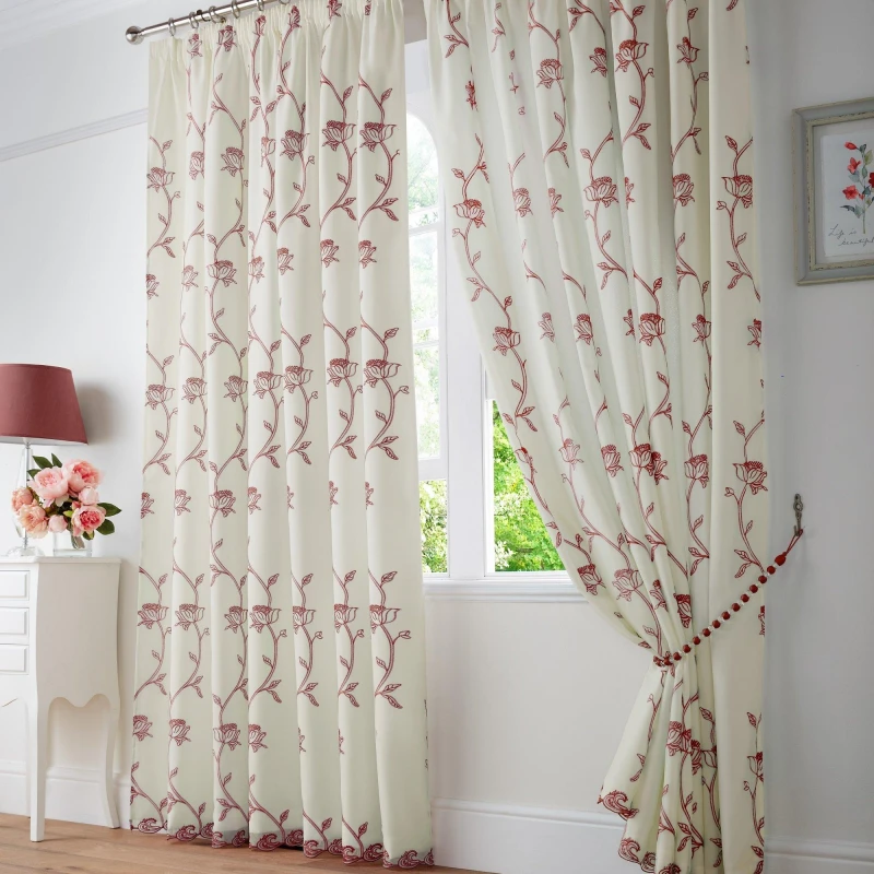 Image of Alan Symonds Exeter Embroidered Floral Trail Pencil Pleat Taped Red unisex 148x183cm
