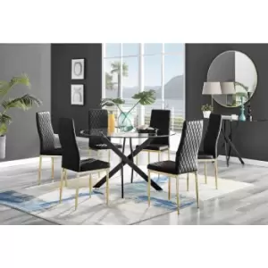 Image of Furniturebox UK - Furniturebox Novara Black Leg 120cm Round Glass Dining Table & 6 Black Milan Velvet Dining Chairs With Gold Legs Diamond Stitch