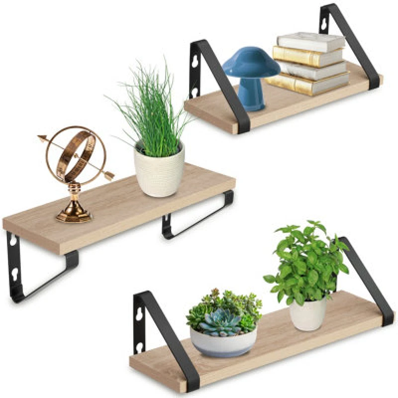 Image of Tectake Wall Shelves - Set Of 3, Decorative Metal Brackets, High Load-Capacity, 3 Widths Included - Industrial Wood Light, Oak Sonoma