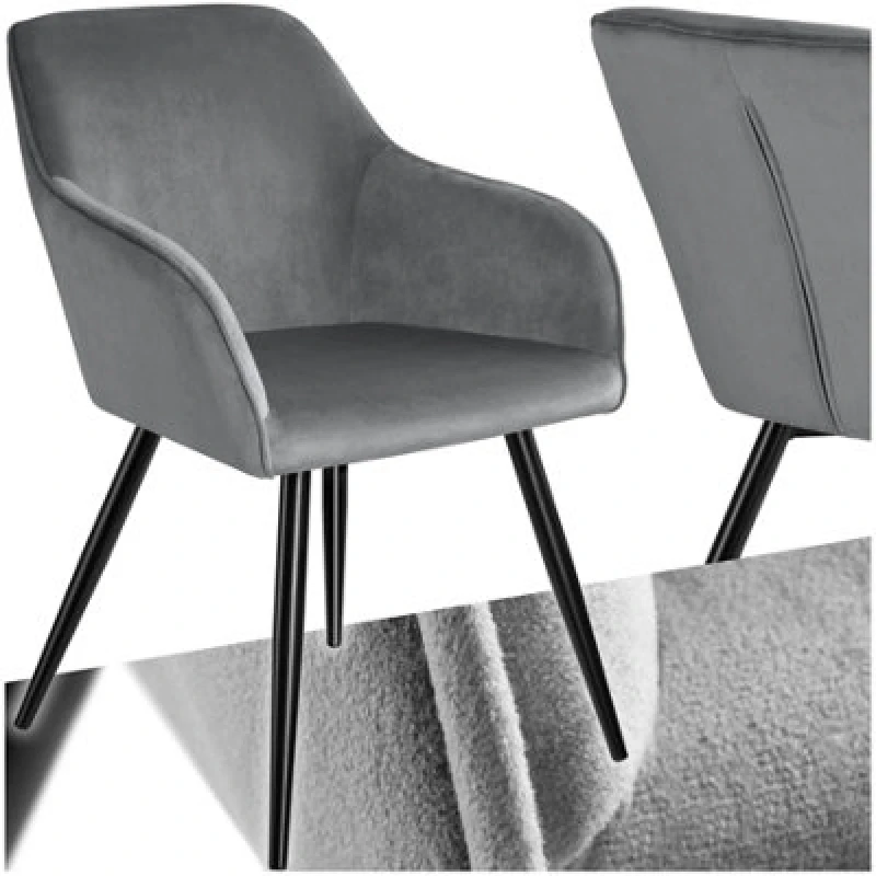Image of Tectake 1 Dining Chair Marilyn - With Armrests, Padded, Velvet Look, Black Steel Legs - Grey/black