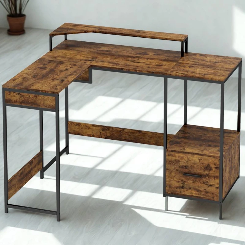 Image of FURNOS Industrial L Shaped Computer Desk With Storage in Brown Brown Unisex