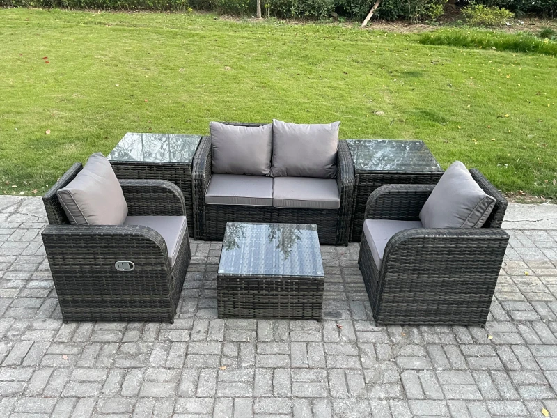 Image of Fimous Wicker PE Rattan Garden Furniture Set Outdoor Lounge Sofa Set with Love Sofa Square Coffee Table 2 Side Table Dark Grey
