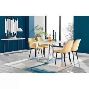 Image of Furniture Box Kylo White High Gloss Dining Table and 4 Mustard Pesaro Black Leg Chairs