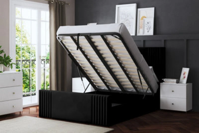 Image of DS LIVING Elara Winged Black Upholstered Bed With Ottoman Metal Gas Lift Double AM_DVNSHROB_DBL_BLA