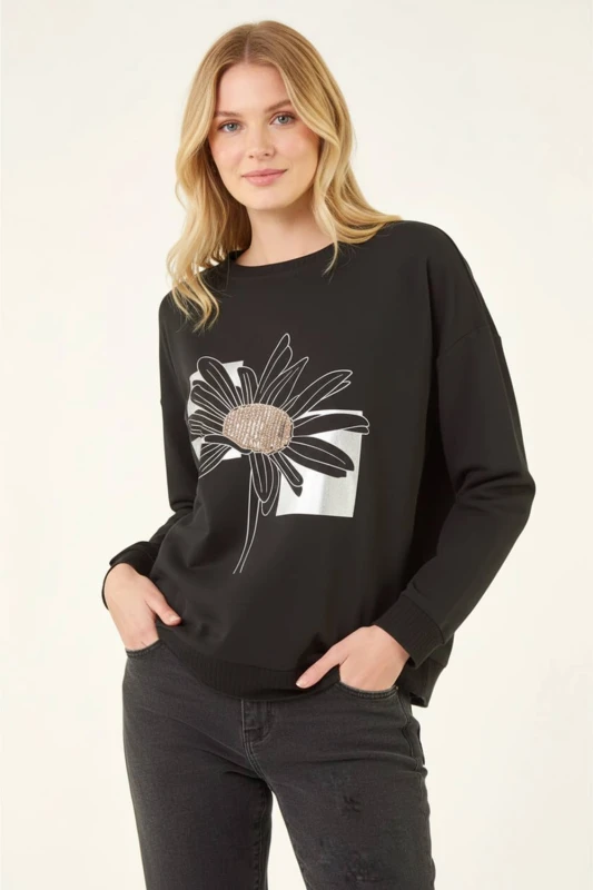 Image of Roman Womens Floral Print Stretch Top in Black Size: 20 Black Female 20