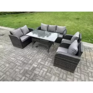 Image of Fimous 7 Seater Outdoor Dark Grey Wicker Rattan Lounge Complete Sofa Set with Reclining Chair and Rectangular Dining Table