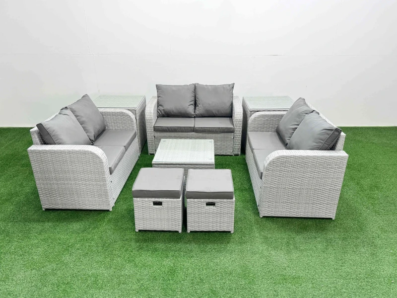 Image of Fimous 8 Seater PE Wicker Rattan Furniture Sofa Sets with Square Coffee Table 2 Seater Love Sofa 2 Stool 2 Side Table Light Grey Light Grey