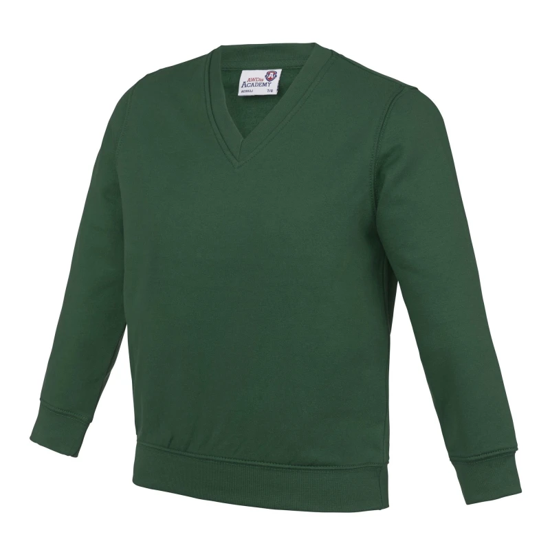 Image of AWDis Academy V Neck School Jumper Sweatshirt in Green Size: 3-4 Years Green Unisex 3-4 Years
