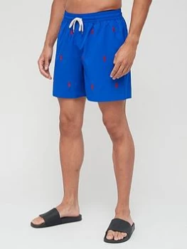 Image of Polo Ralph Lauren All Over Logo Traveller Swim Shorts - Rugby Royal, Rugby Royal Size M Men