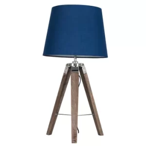 Image of Clipper Light Wood Tripod Table Lamp with Navy Blue Aspen Shade
