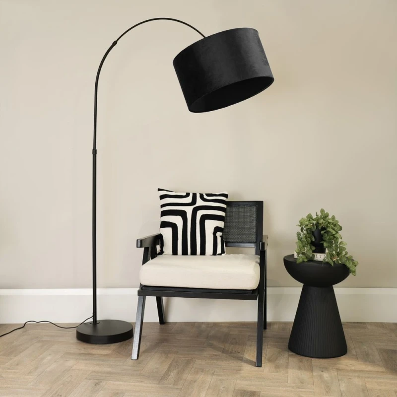 Image of ValueLights Louis Black Arched Curved Floor Lamp with Velvet Drum Lamp Shade Black
