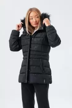 Image of Leopard Mid Length Padded Coat With Fur