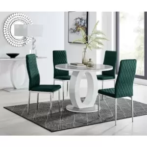 Image of Furniturebox UK - Furniturebox Giovani Grey 100cm Round Dining Table and 4 Green Velvet Milan Dining Chairs With Silver Legss