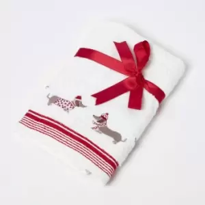 Image of HOMESCAPES Dachshund Embroidered 100% Cotton Christmas Hand Towel - Red & White