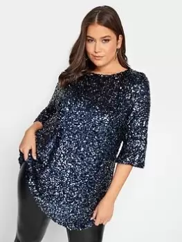 Image of Yours Sequin Flute Sleeve Top, Blue, Size 30-32, Women