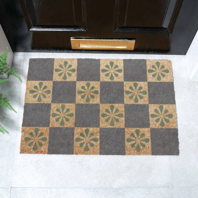 Image of Artsy Mats Blue Check & Petals Doormat (60 X 40Cm), Brown 6040-BluePETALC