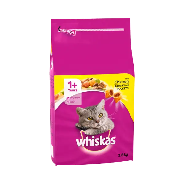 Image of Whiskas 1+ Complete Adult Chicken Dry Cat Food 3.8kg