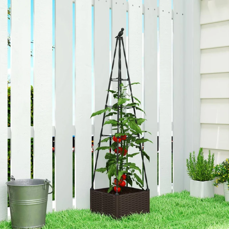 Image of OUTSUNNY Raised Garden Bed Planter Box with Trellis & Self Watering in Black Unisex