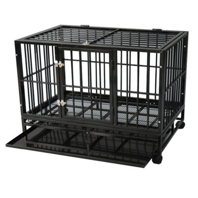 Image of Gr8 Home Metal Kennel Cage With Wheels And Crate Tray For Pet Dog Medium Black 92X62X75Cm