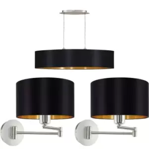 Image of Linear Ceiling Pendant & 2x Matching Wall Lights Black Gold Dining Feature Lamp