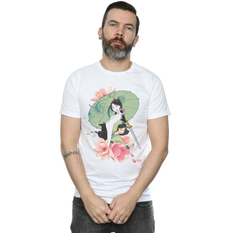 Image of Disney Men Mulan Magnolia Collage T-Shirt in White Size: Small White S Male 5059308812124