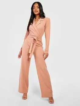 Image of Boohoo Crepe Tie Waist Wide Leg Trouser - Camel, Brown, Size 16, Women
