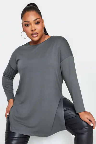 Image of Yours Split Hem Long Sleeve T-Shirt Grey