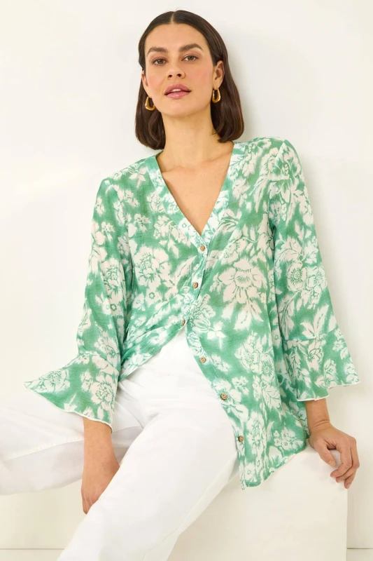Image of Roman Womens Floral Print Flare Sleeve Blouse in Green Size: 10 Green Female 10