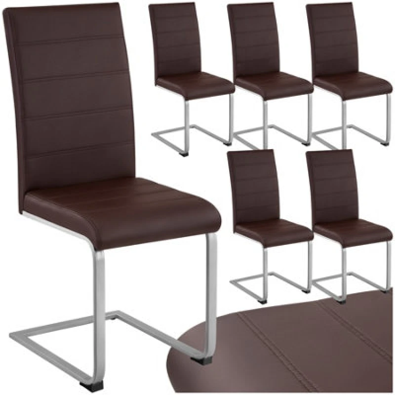 Image of Tectake Set Of 6 Dining Chairs - Cantilevered, High Backrest, Flat Steel Frame - Brown