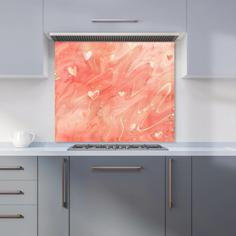 Image of Warren Reed - Designer Salmon Pink With Hearts Marble Effect Kitchen Splashback Size: 900mm x 750mm Pink Unisex 900mm x 750mm
