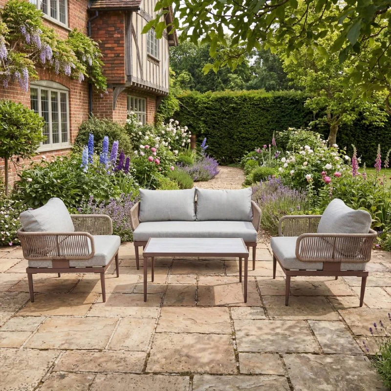 Image of Artemis Home Soveria Outdoor Conversation Set - 2 Seat Sofa, 2 x Chairs + Table in Brown Brown Unisex