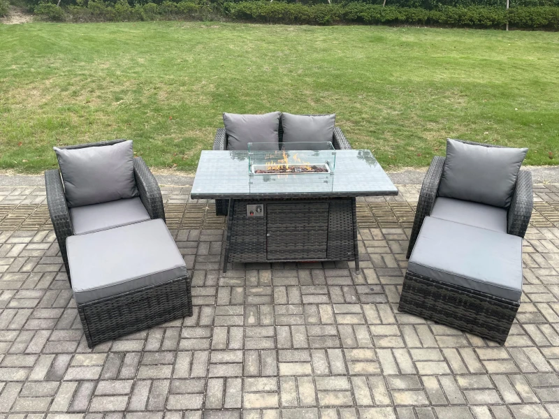 Image of Fimous Rattan Outdoor Garden Furniture Sofa Set Gas Fire Pit Dining Table Gas Heater with Love Sofa 2 Big Footstool Dark Grey Mixed Dark Grey