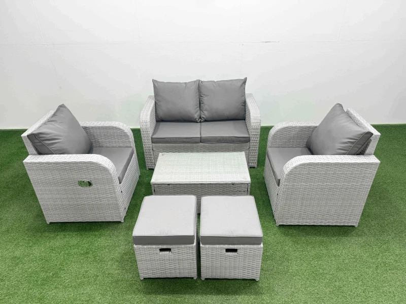 Image of Fimous Light Grey PE Wicker Rattan Garden Furniture Set Sofa Set Reclining Adjustable Chair Rectangular Coffee Table 6 Seater 2 Small Stools Light Gre