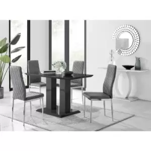 Image of Furniturebox UK - Furniturebox Imperia 4 High Gloss Black Modern Dining Table and 4 Grey Milan Faux Leather Dining Chairs With Silver Legs Diamond