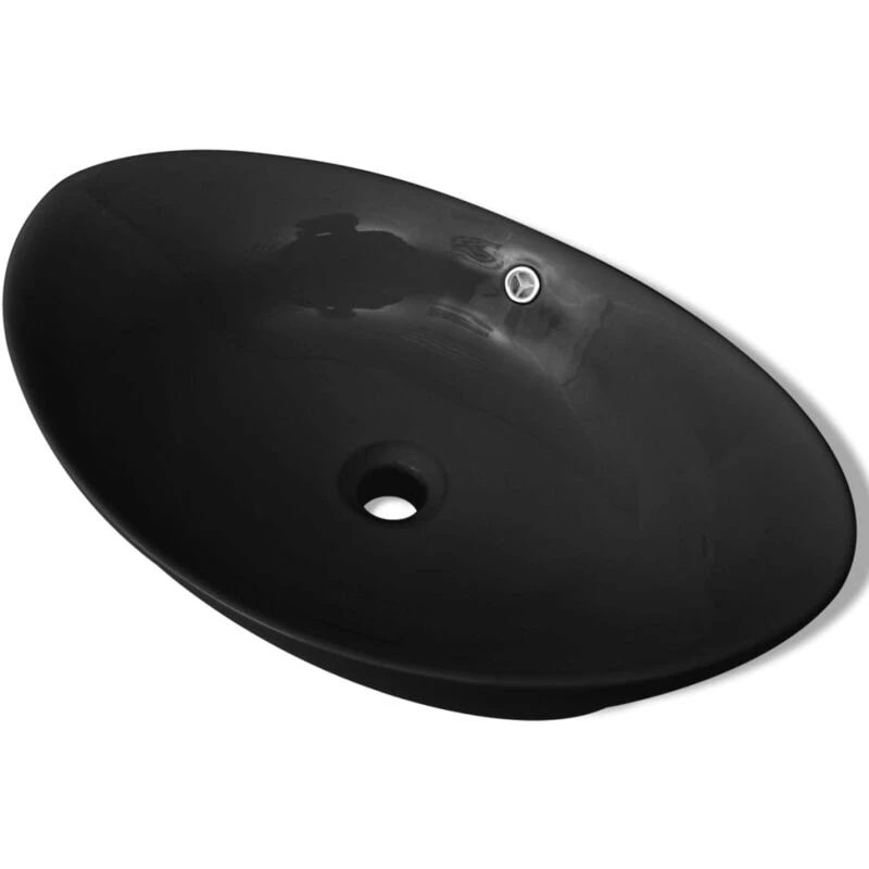 Image of vidaXL Ceramic Basin Oval with Overflow Black 59x38.5x19cm Countertop Sink