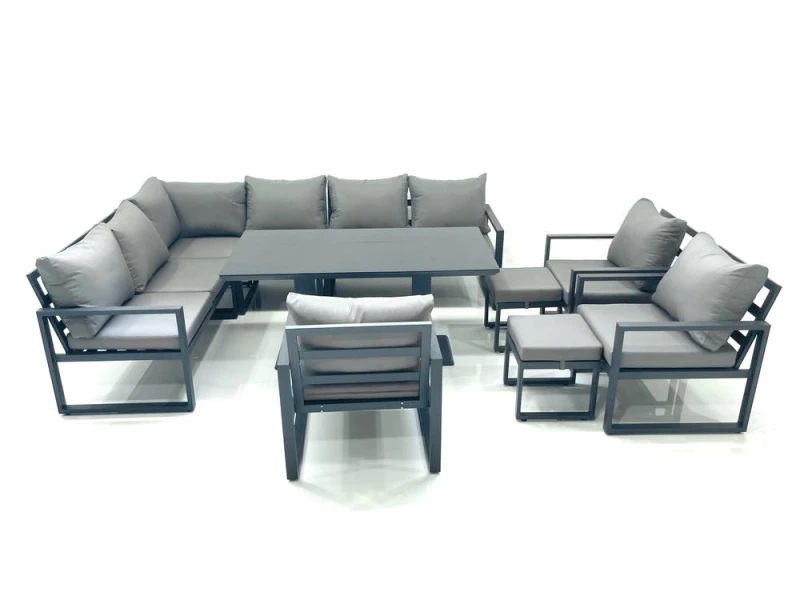 Image of Fimous Aluminum Outdoor Garden Furniture Set Corner Sofa 3 Chair 2 Small Footstool Adjustable Rising Lifting Dining Table Sets Dark Grey Dark Grey Uni