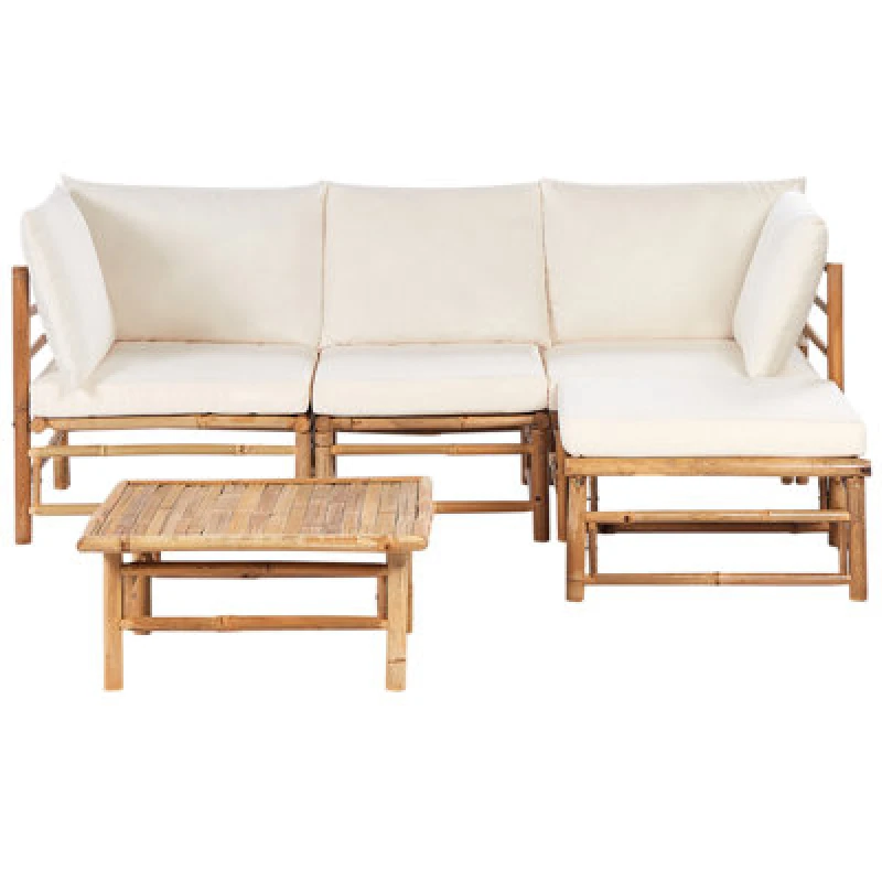 Image of Beliani Garden Corner Sofa With Table 4 Seater Cerreto Left Hand Bamboo Wood Off-White