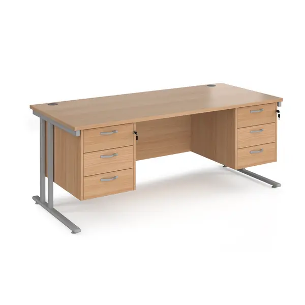 Image of Maestro 25 Beech Straight Office Desk with Two x 3 Drawer Pedestal and Silver Cantilever Leg Frame - 1800mm x 800mm