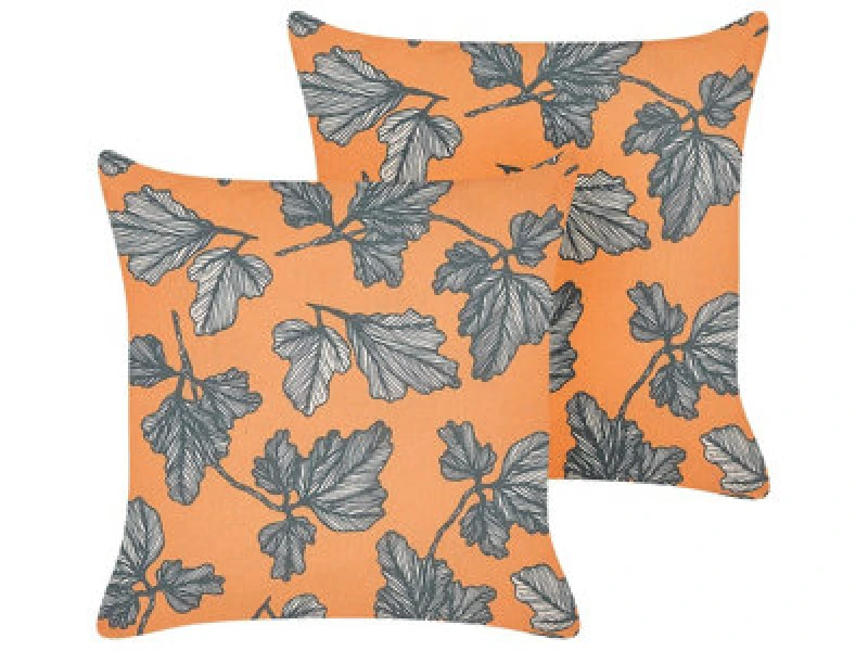 Image of Beliani Set Of 2 Decorative Cushions Spirea 45 X 45cm Orange Black Plant Pattern
